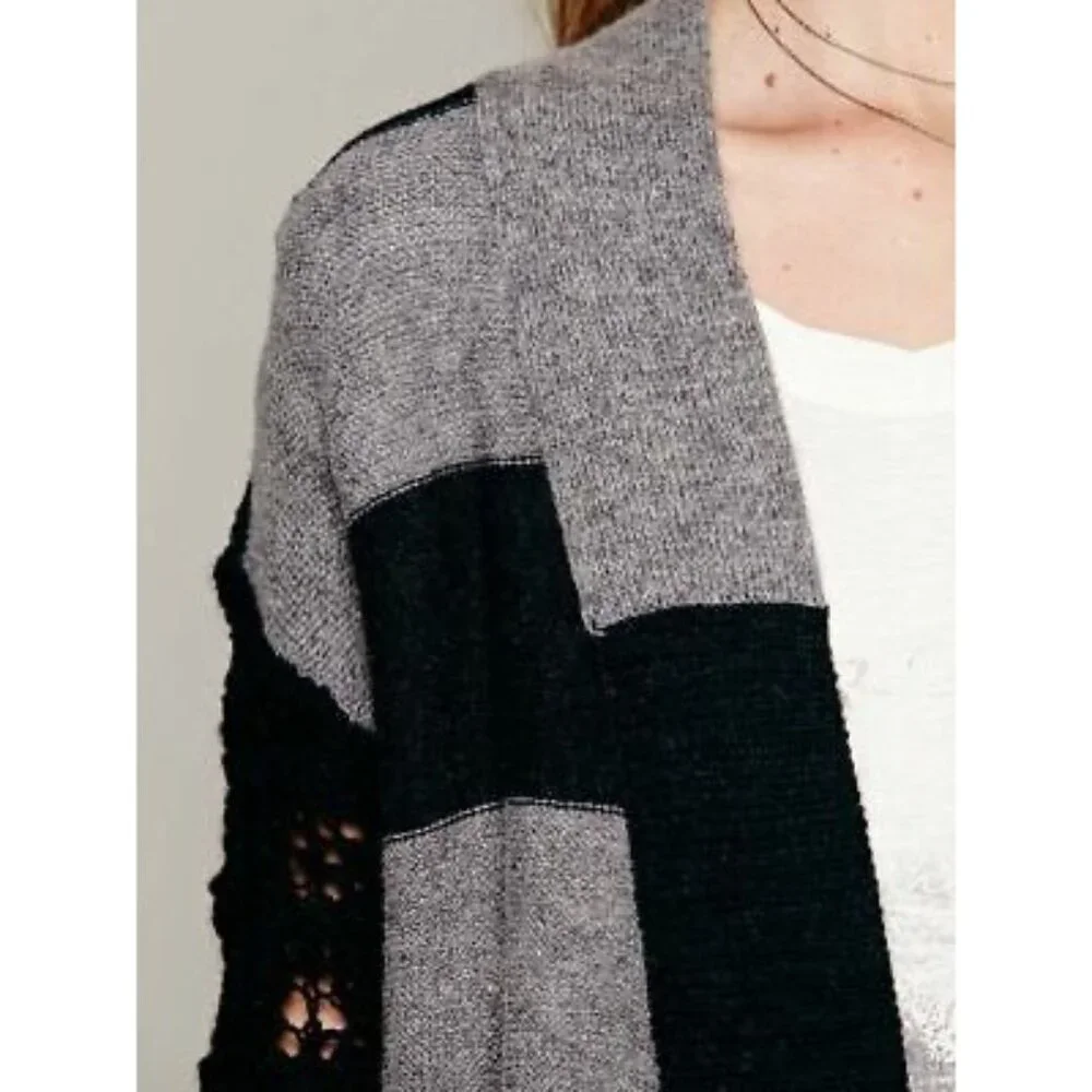 Free People Black Gray Striped Floral Knit Long Cardigan S | Boho Grunge Fairy - Picture 4 of 16